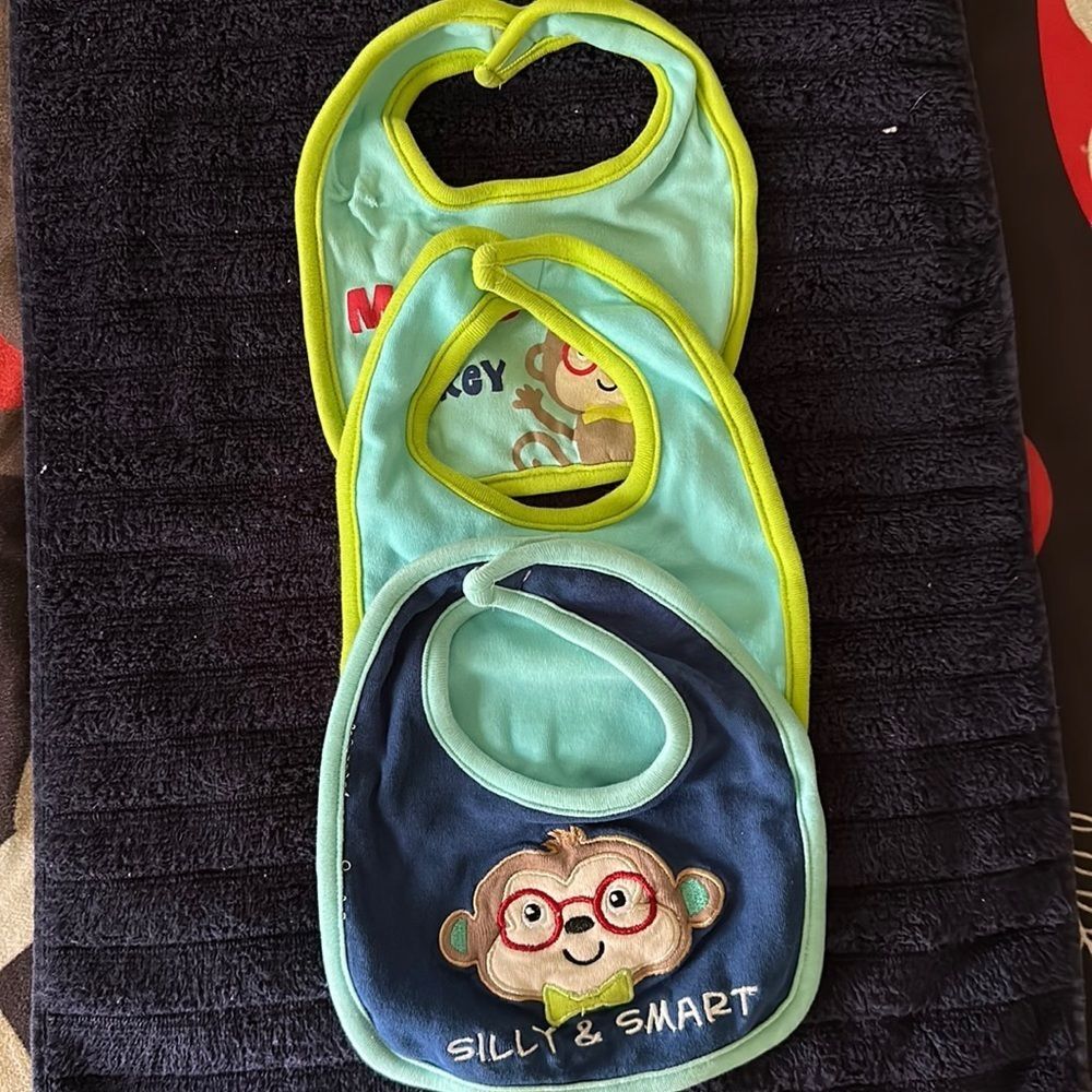 Carter's Baby Bibs Set of 3 Monkey Theme Blue Green Unisex Infant Feeding
